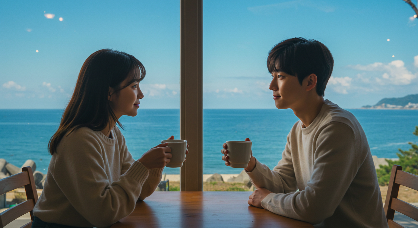 강릉 안목 해변 카페에서 서로를 바라보는 한국인 커플