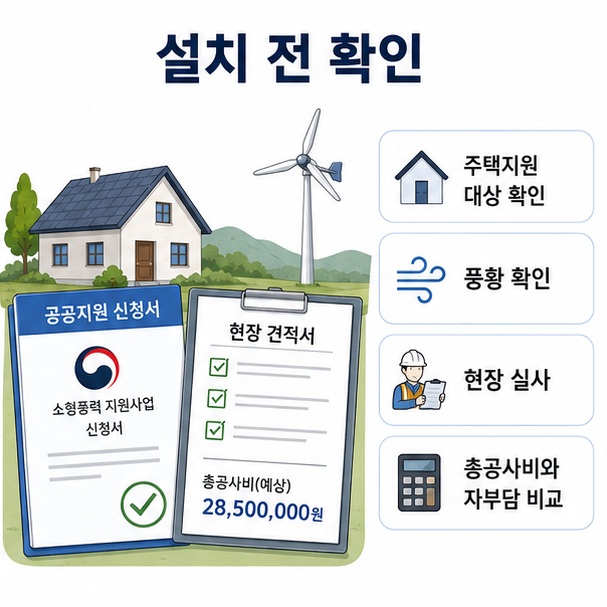 소형풍력 설치 전에 풍황과 주택지원 대상 여부를 확인하고 현장 실사를 거쳐 총공사비와 자부담을 비교해야 한다는 이미지