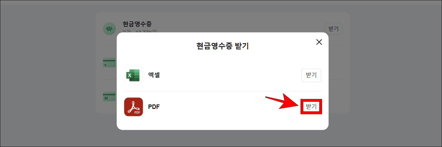 화면에 표시된 현금영수증 받기의 파일 유형 중 PDF의 받기 버튼을 선택