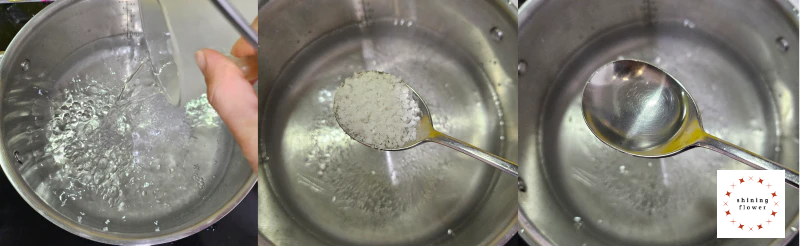 왼쪾부터 끓는물에 찬물 붓기-소금한수저 넣기-소주한수저 넣기