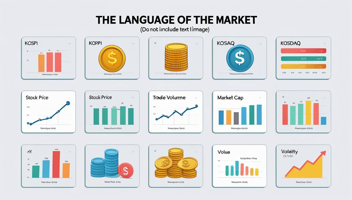 시장의 언어'라는 제목 아래, 코스피/코스닥, 주가, 시가총액 등 기본 용어들이 아이콘과 함께 보기 쉽게 정리된 인포그래픽