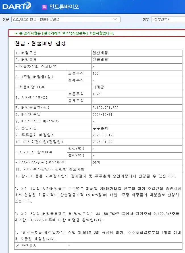 인트론바이오(048530) 2025년 배당금, 배당일 및 실적 배당락일