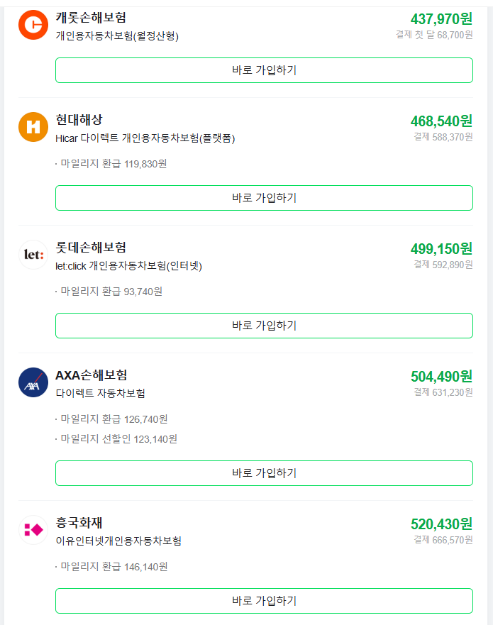 네이버페이 다이렉트자동차보험 비교