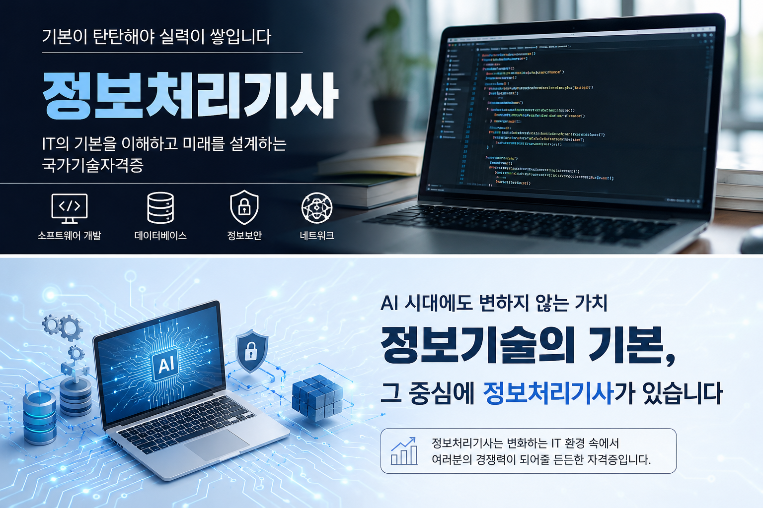 이미지 출처: AI 생성 이미지(콘텐츠 이해를 돕기 위한 시각 자료, 실제 인물을 특정하지 않은 AI 생성 이미지)정보처리기사를 상징하는 대표 이미지입니다. 노트북에 표시된 프로그래밍 코드와 소프트웨어 개발, 데이터베이스, 정보보안, 네트워크 아이콘을 통해 정보처리기사가 평가하는 핵심 IT 역량을 표현했으며, AI 시대에도 변하지 않는 정보기술의 기본기와 국가기술자격의 중요성을 담고 있습니다.