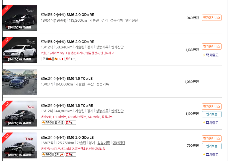 르노코리아 SM6 중고차 가격 시세표 24년10월