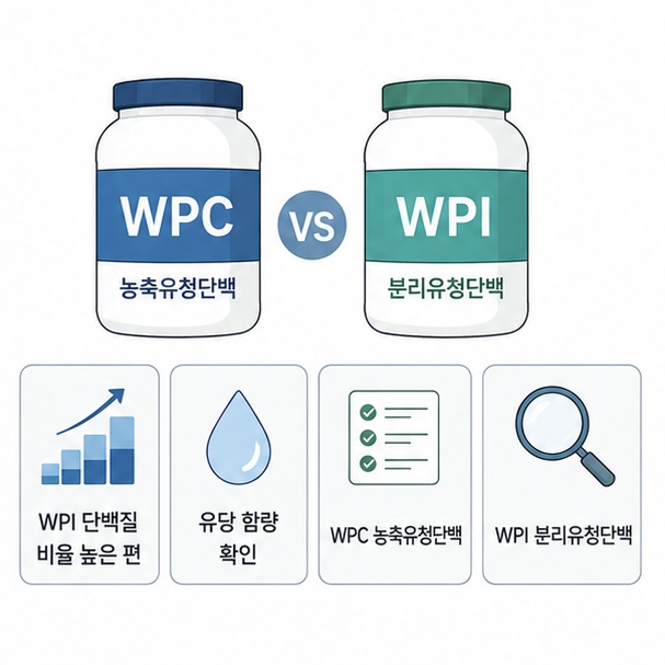 농축유청단백 WPC와 분리유청단백 WPI의 단백질 비율과 유당 함량 차이를 비교하는 그림