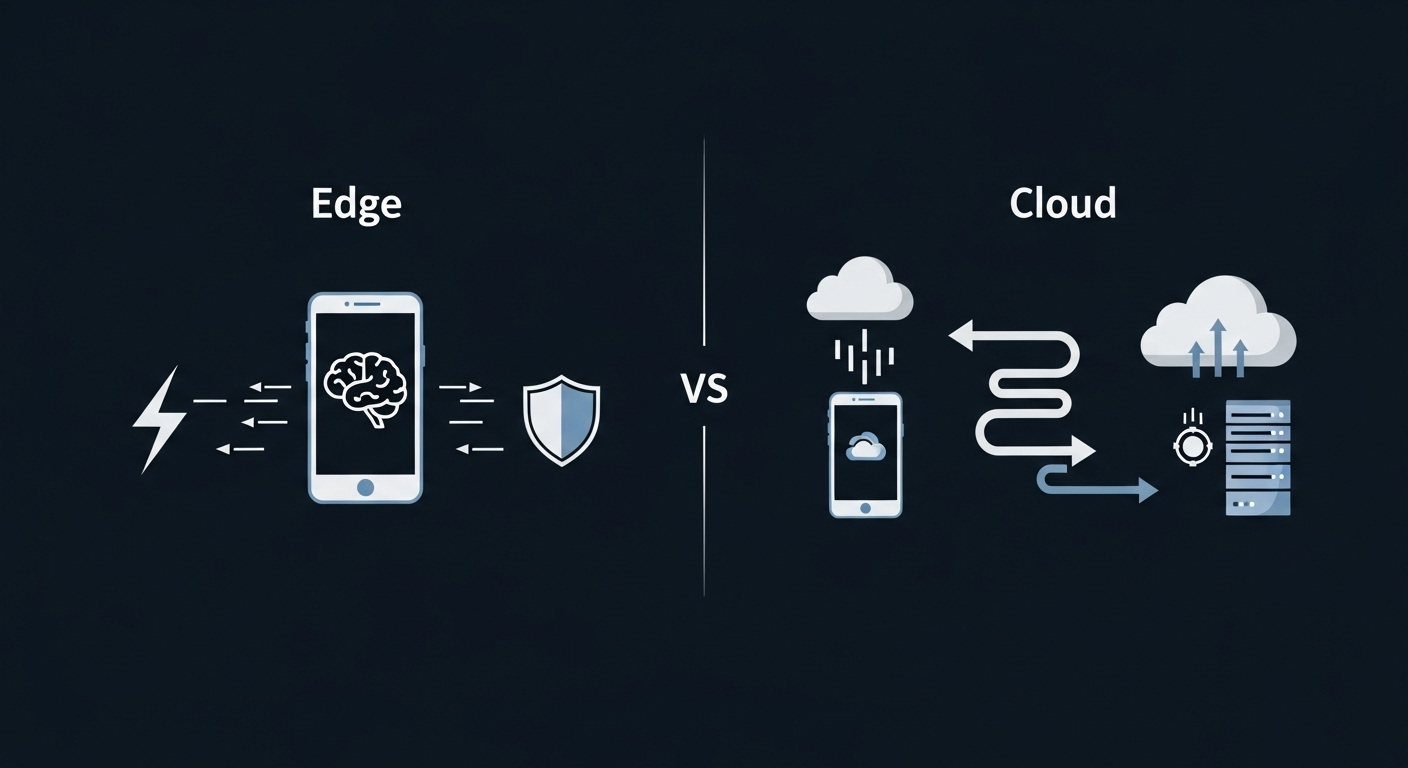 엣지 컴퓨팅과 클라우드 컴퓨팅의 차이점을 보여주는 인포그래픽. 엣지 컴퓨팅은 기기 내 빠른 처리를, 클라우드 컴퓨팅은 원격 서버와의 데이터 통신을 보여준다.