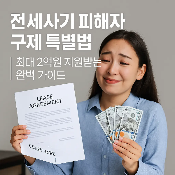 전세사기 계약서를 들고 안도한 표정으로 돈을 확인하는 30대 한국인 여성과 “전세사기 피해자 구제 특별법 ❘ 최대 2억원 지원받는 완벽 가이드” 텍스트 이미지