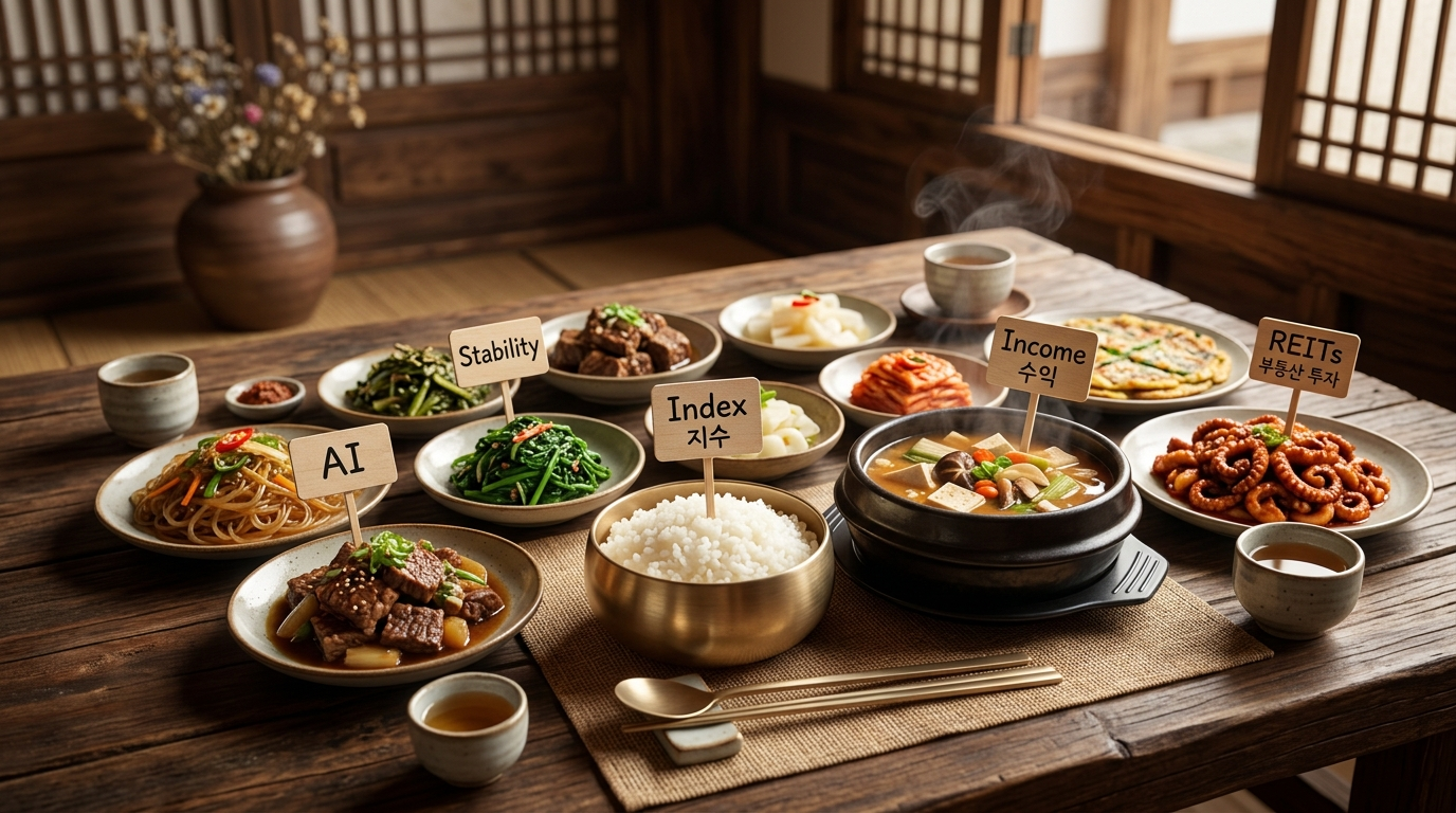 정갈하게 차려진 한국식 5첩 반상 식탁. 밥그릇에는 'Index', 국그릇에는 'Income', 반찬들에는 'Reits', 'AI' 등의 팻말이 꽂혀 있는 3D 일러스트