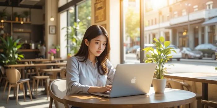 공유 카페에서 노트북으로 일하는 프리랜서