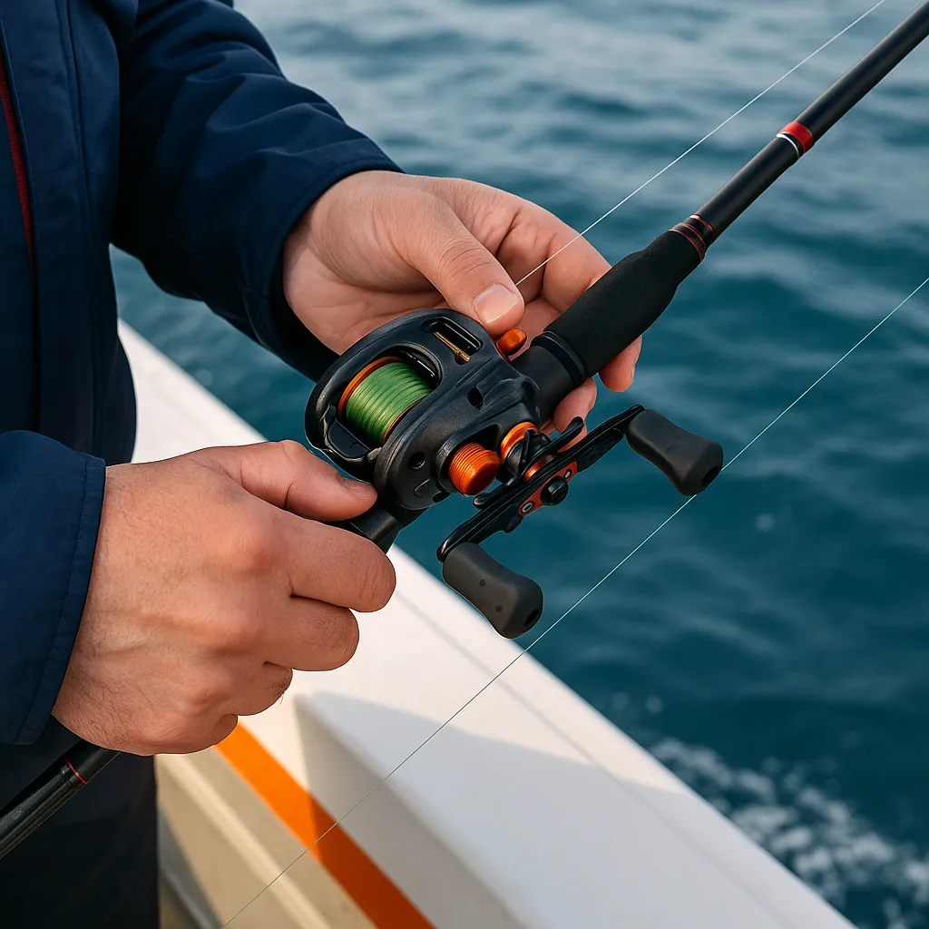 선상에서 우럭 낚시를 준비하며 장비를 점검하는 낚시인의 손 클로즈업