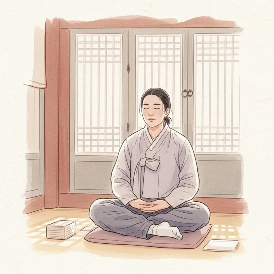 고요한 사찰에서 명상하며 평화를 찾는 모습.