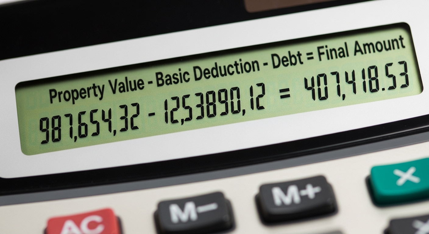 계산기 화면에 '재산 - 공제 - 부채' 공식이 크게 보이는 이미지
