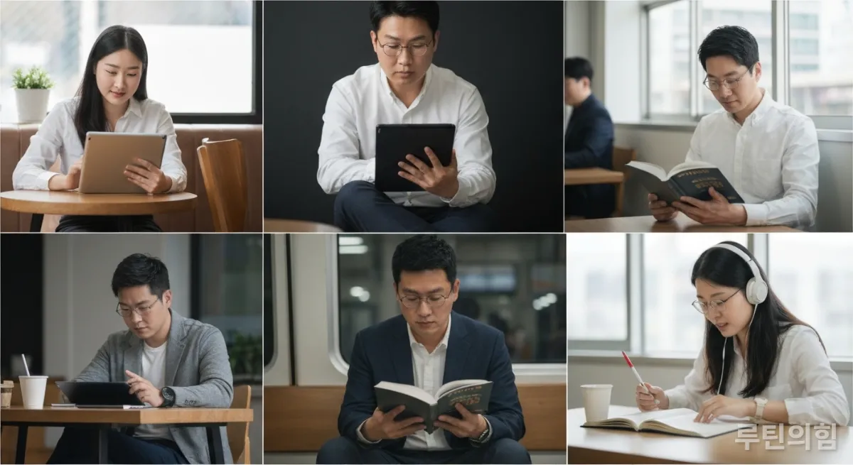퇴근 후 각자의 공간에서 자기계발에 몰두하는 직장인들