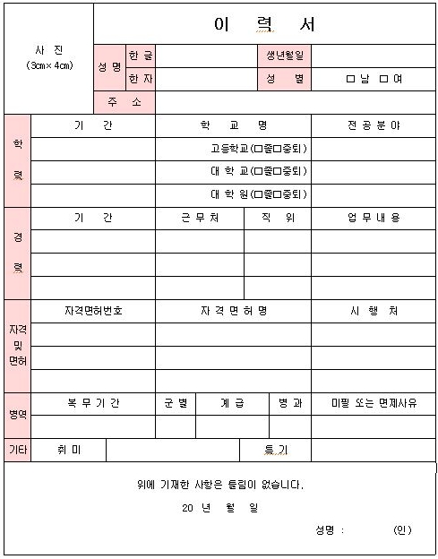 기본적인 인적사항이 포함된 표준 이력서 양식