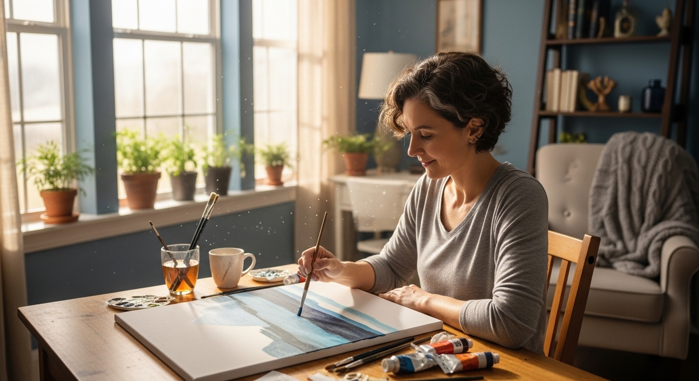 차분하게 그림을 그리거나 정원을 가꾸는 40대 중년의 모습. 평화로운 분위기 속에서 균형 잡힌 삶과 내면의 성장을 표현한 이미지.