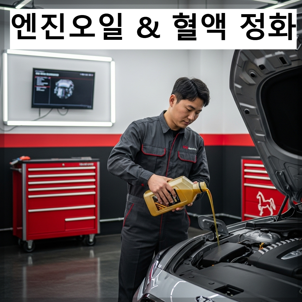 2026년 병오년을 상징하는 붉은색 포인트가 있는 모던한 차고에서, 전문가가 금빛 엔진오일을 정교하게 주입하고 있는 모습. 주변에는 맑고 투명한 에너지가 흐르는 시각적 효과가 표현됨