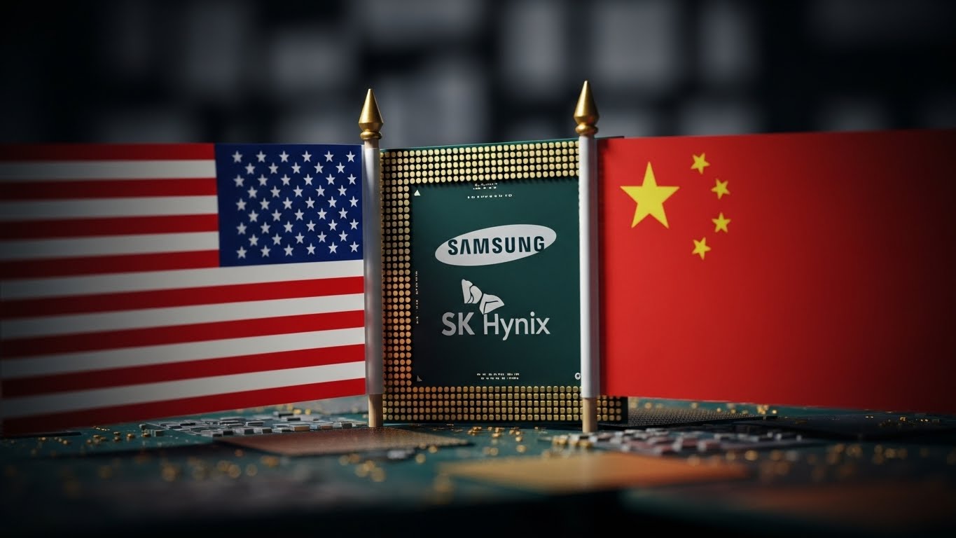 Image of semiconductor chips with Samsung and SK Hynix logos being squeezed between the US flag and the Chinese flag, creating tension.