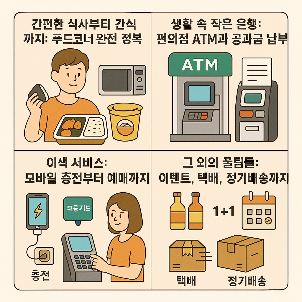 한국 편의점에서 식사, ATM, 모바일 충전, 예매, 택배, 정기배송 등 다양한 서비스를 활용하는 방법을 보여주는 인포그래픽 이미지