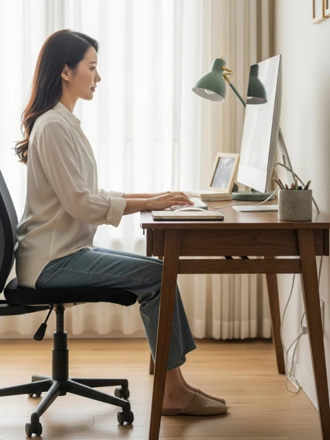 재택근무 환경에서 올바른 자세로 업무를 보는 모습