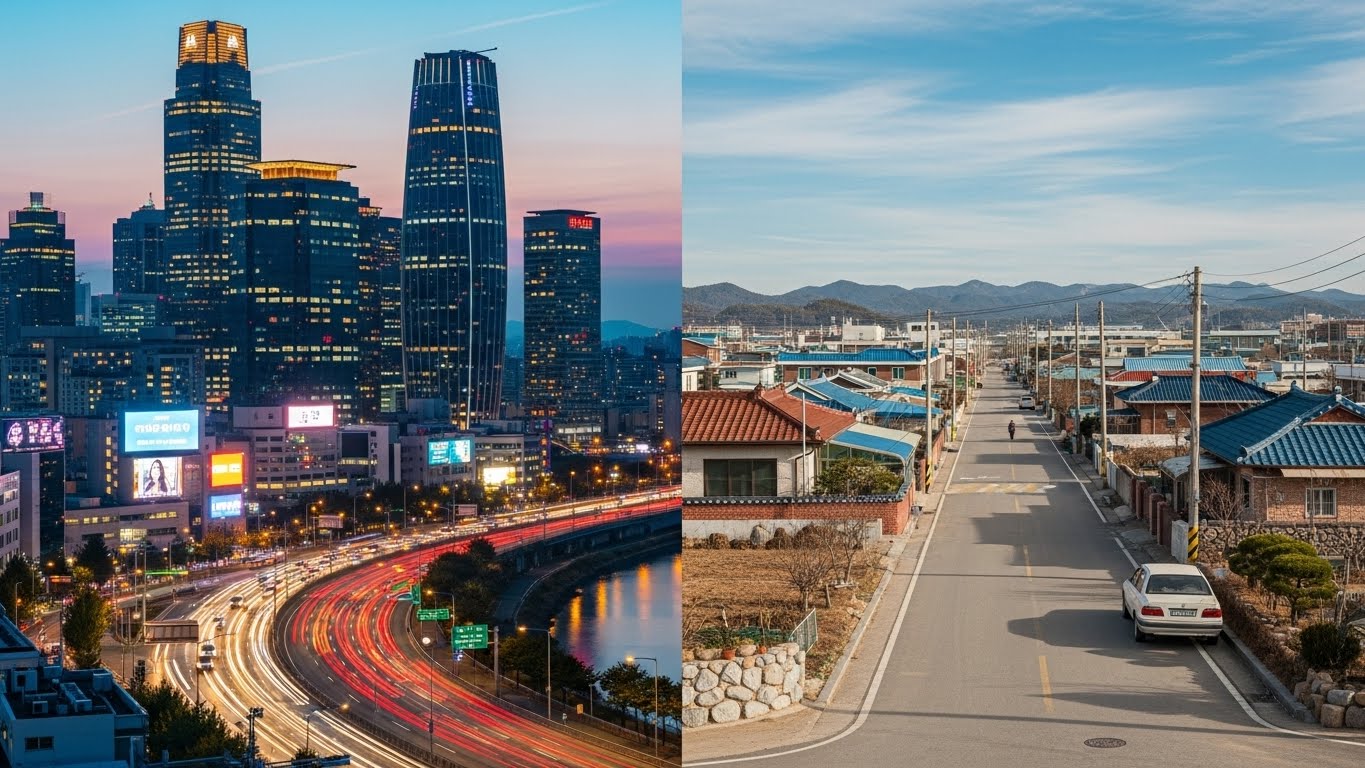 A split-screen concept image showing a booming high-rise city (Seoul) on the left and a quiet, empty residential area (Provinces) on the right, illustrating market polarization.