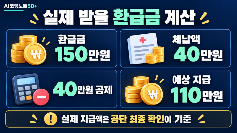 본인부담상한제 환급금 150만원에서 체납보험료 40만원을 공제할 경우 예상 지급액 110만원 계산 예시
