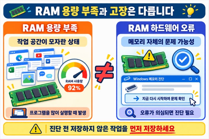 RAM 용량 부족과 하드웨어 오류 비교