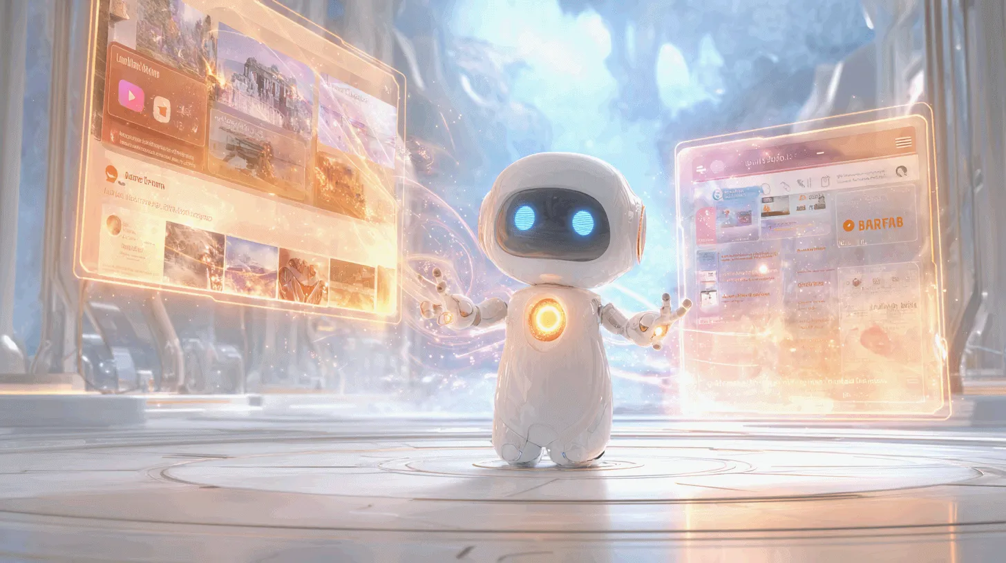 GPT-5 에이전트가 2개 의 스크린을 앞에 두고 영상, 블로그 콘텐츠 제작을 자동화 하는 작업을 하고 있는 모습을 감성적으로 표현한 이미지.