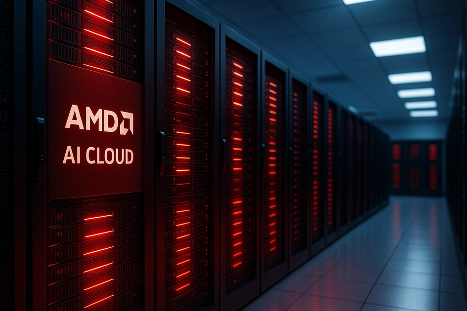 붉은 조명이 켜진 AMD AI 클라우드 서버 랙이 늘어선 미래형 데이터센터 내부 모습
