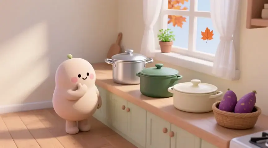 조리대의 냄비들 앞에서 고민하는 캐릭터의 움직이는 장면
