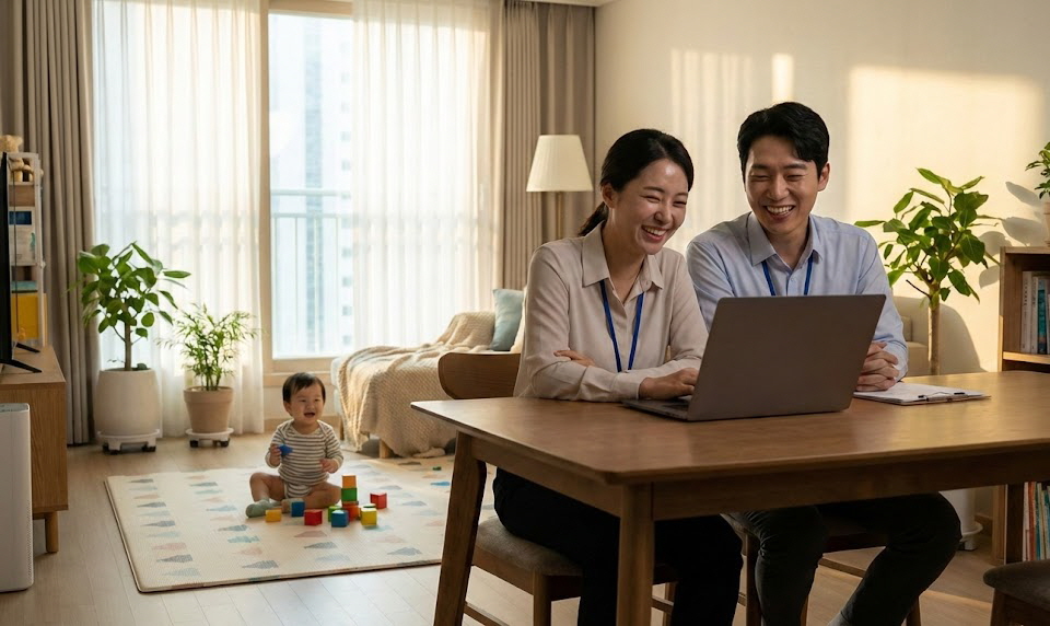 깔끔한 거실에서 30대 부부가 노트북 화면을 보며 환하게 웃고 있고, 뒤에서 아이가 놀고 있는 평화로운 모습.
