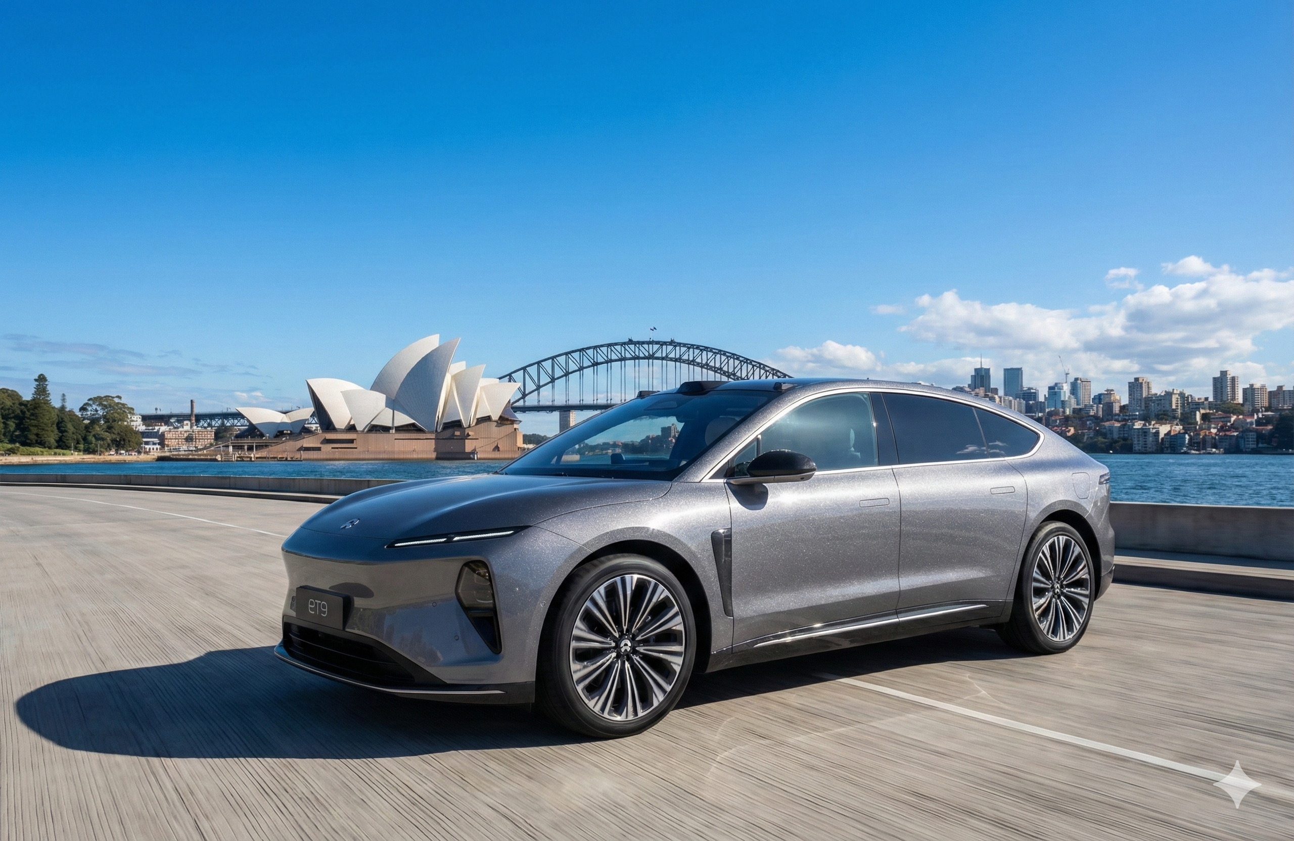 시드니 오페라하우스를 배경으로 한 니오 ET9 플래그십 세단의 웅장한 전측면 디자인