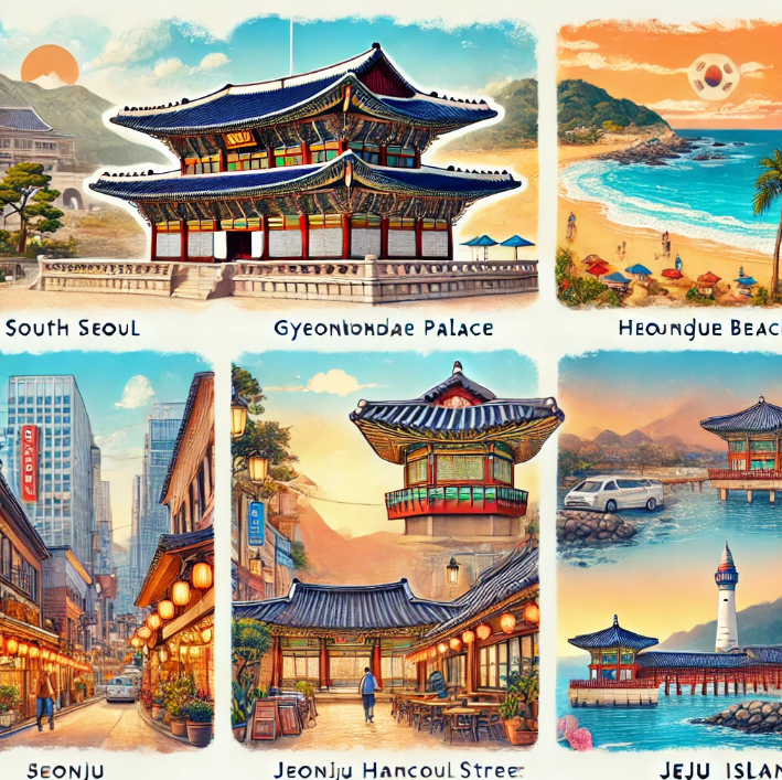 서울 경복궁, 부산 해운대, 전주 한옥마을, 강릉 안목해변 커피거리, 제주도 성산 일출봉 등 한국의 5대 여행지를 한눈에 볼 수 있는 멋진 일러스트입니다