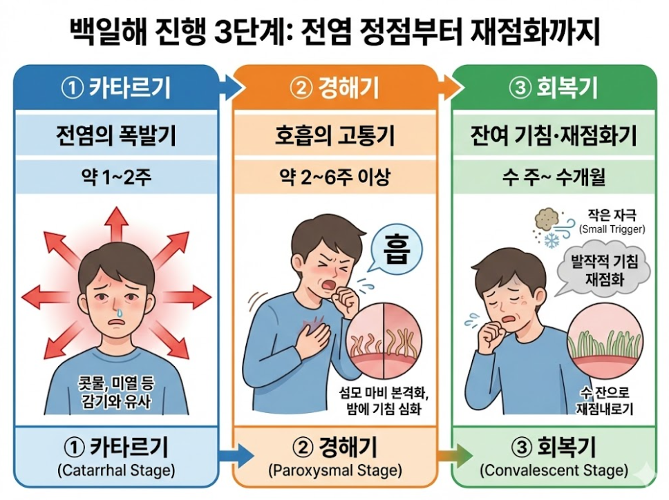 백일해 진행 3단계인 카타르기·경해기·회복기를 증상과 기간별로 설명한 단계별 인포그래픽