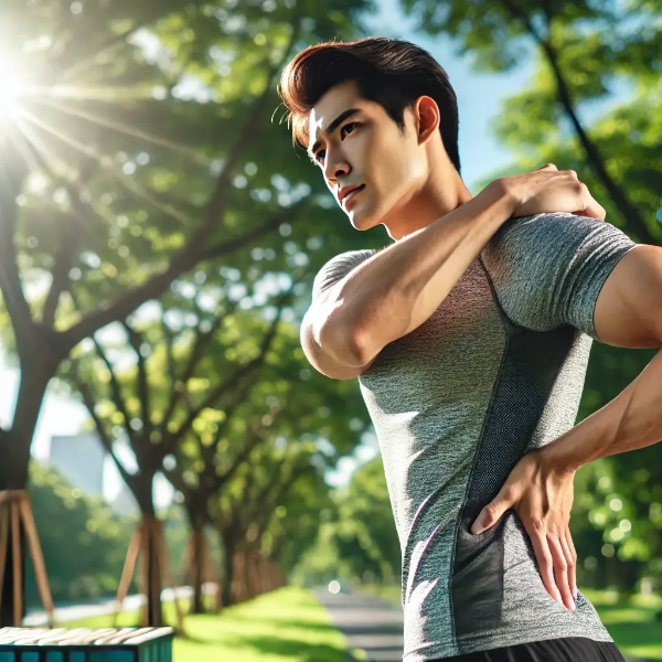 야외에서 허리 스트레칭을 하며 통증을 관리하는 동양인 남성