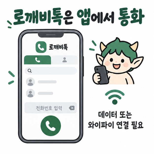 로밍도깨비 앱의 통화 탭에서 연락처나 전화번호를 선택해 로깨비톡 인터넷 음성 통화를 이용하는 모습을 보여주는 카드