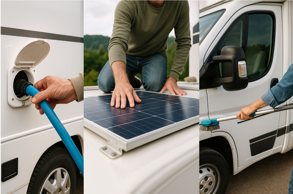 캠핑카 정비소에서 체크리스트 확인 중인 정비사