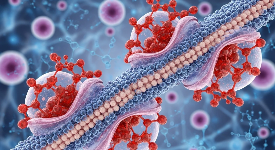 크릴오일 속 아스타잔틴과 오메가3, 인지질 분자들이 세포 수준에서 결합하여 흡수율을 높이는 모습.