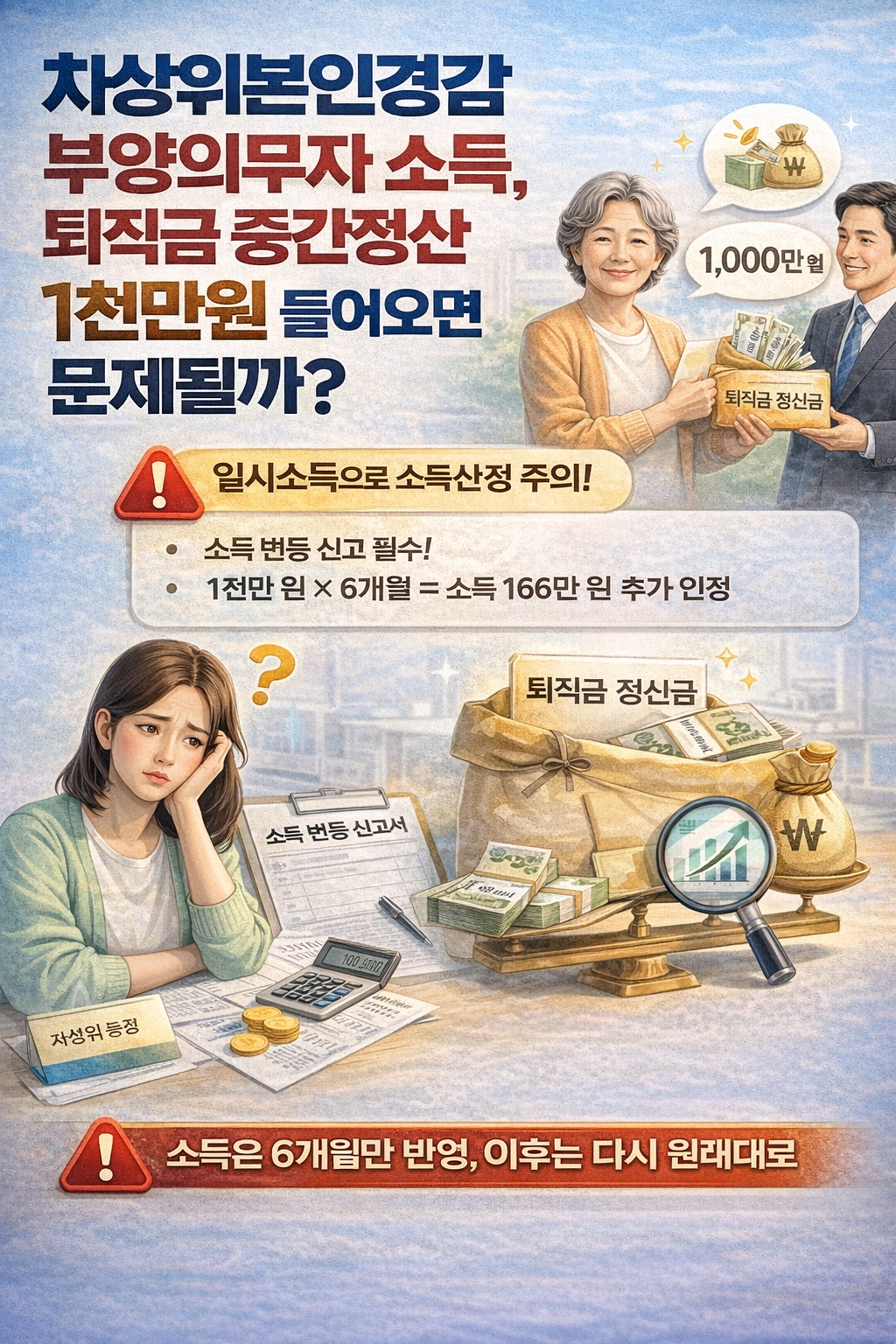 차상위본인경감 부양의무자 소득, 퇴직금 중간정산 1천만원 들어오면 문제될까?