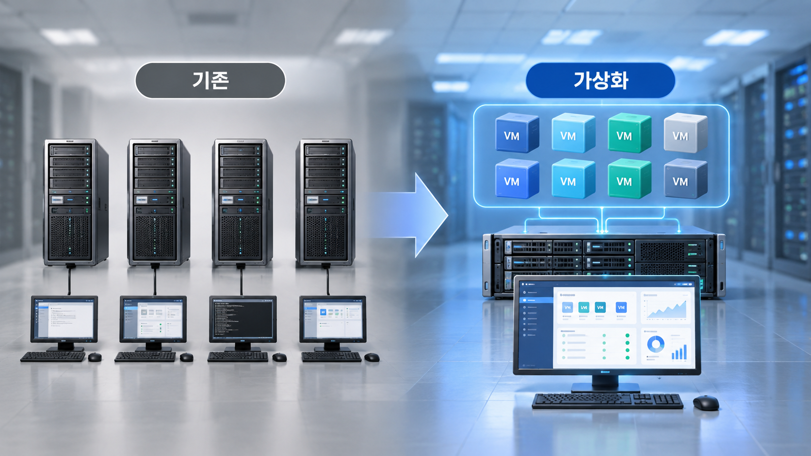 개별 물리 서버 중심 운영과 통합 가상화 서버 운영 방식을 비교한 기업 IT 환경