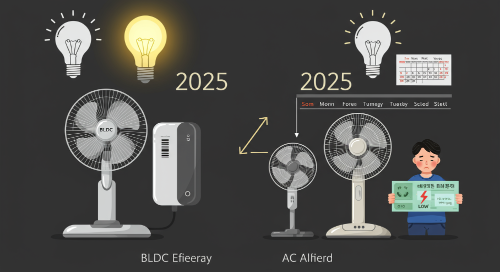 2025년 최신 BLDC 모터 선풍기와 AC 모터 선풍기의 소비전력을 비교하는 이미지. BLDC 선풍기는 낮은 전력 사용량을, AC 선풍기는 높은 전력 사용량을 보여 전기요금 절감 효과를 시각적으로 강조합니다.