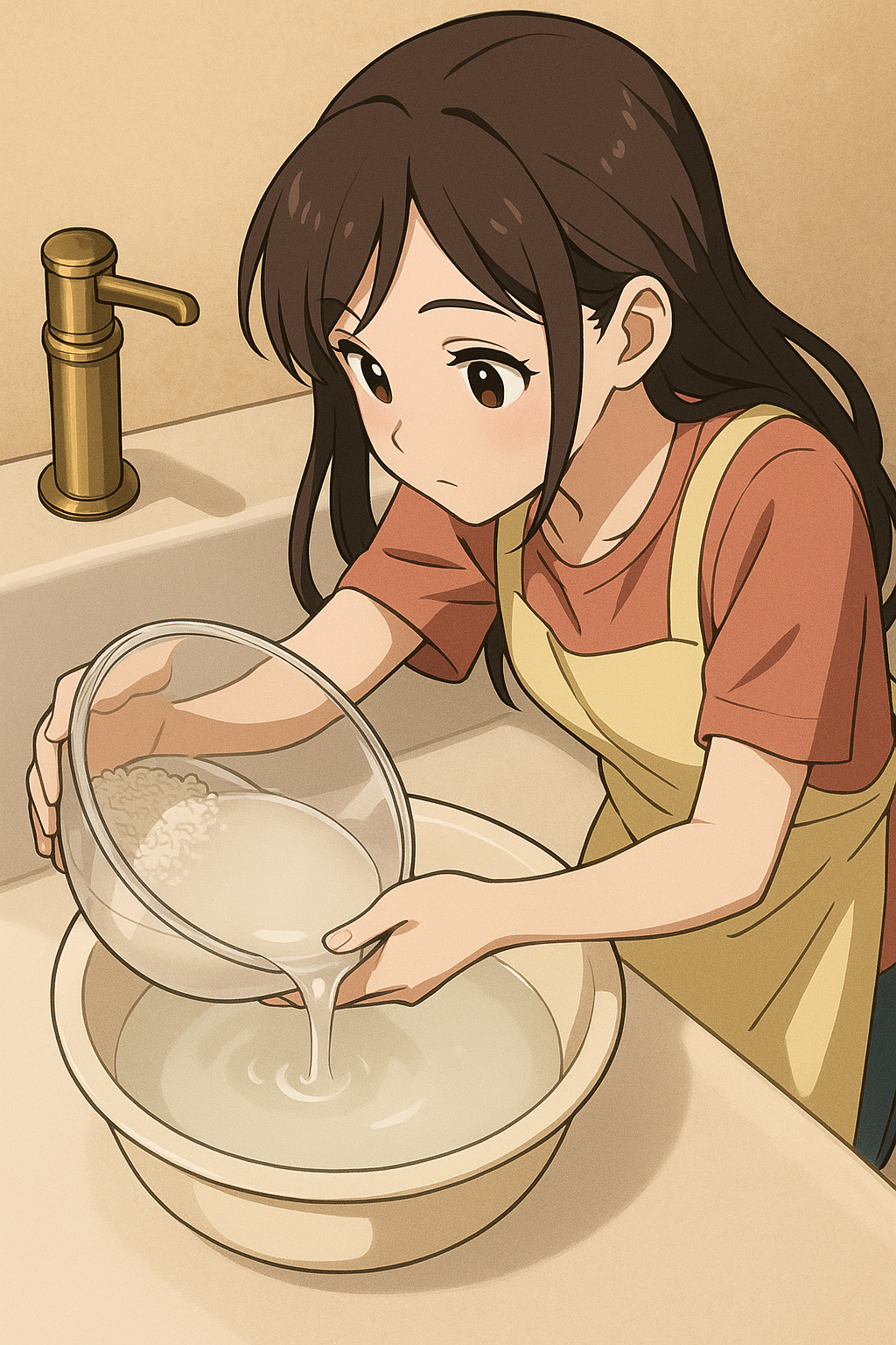 애니메이션 스타일의 여성 캐릭터가 세숫대야에 쌀뜨물을 준비하는 모습, 자연 유래 피부 관리 루틴 장면