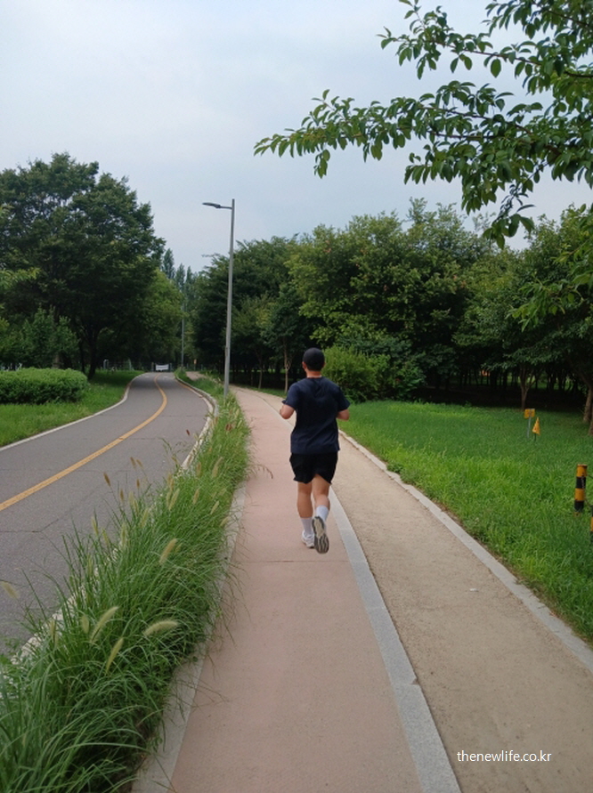 공원 산책로에서 혼자 달리는 남성 &ndash; 체온 상승과 땀 배출이 활발한 운동 시기의 실제 장면이며 소금 부족 증상을 보여 주는 이미지