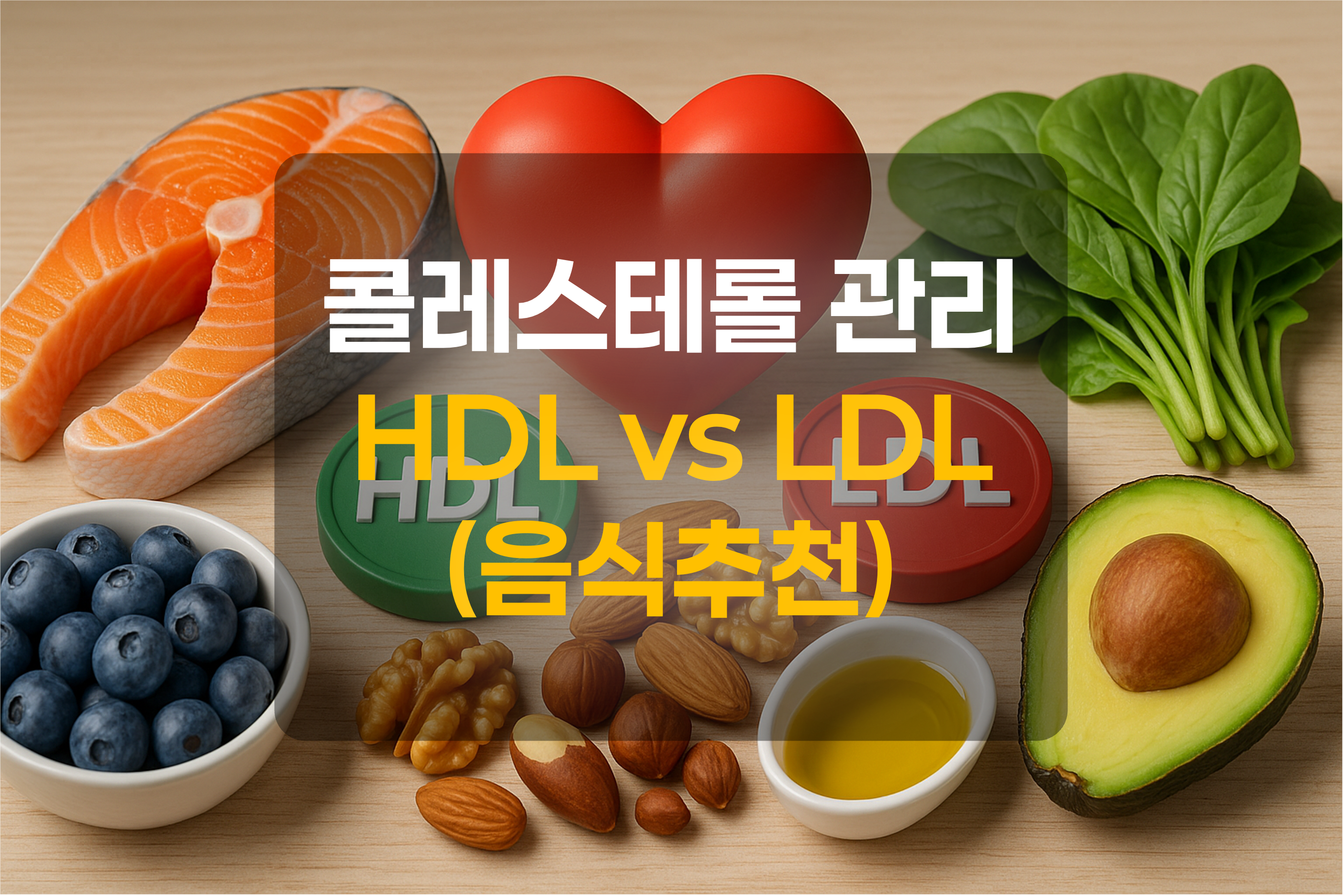 콜레스테롤을 의미하는 심장(하트), HDL, LDL, 그리고 혈관에 좋은 음식들을 표현한 그림