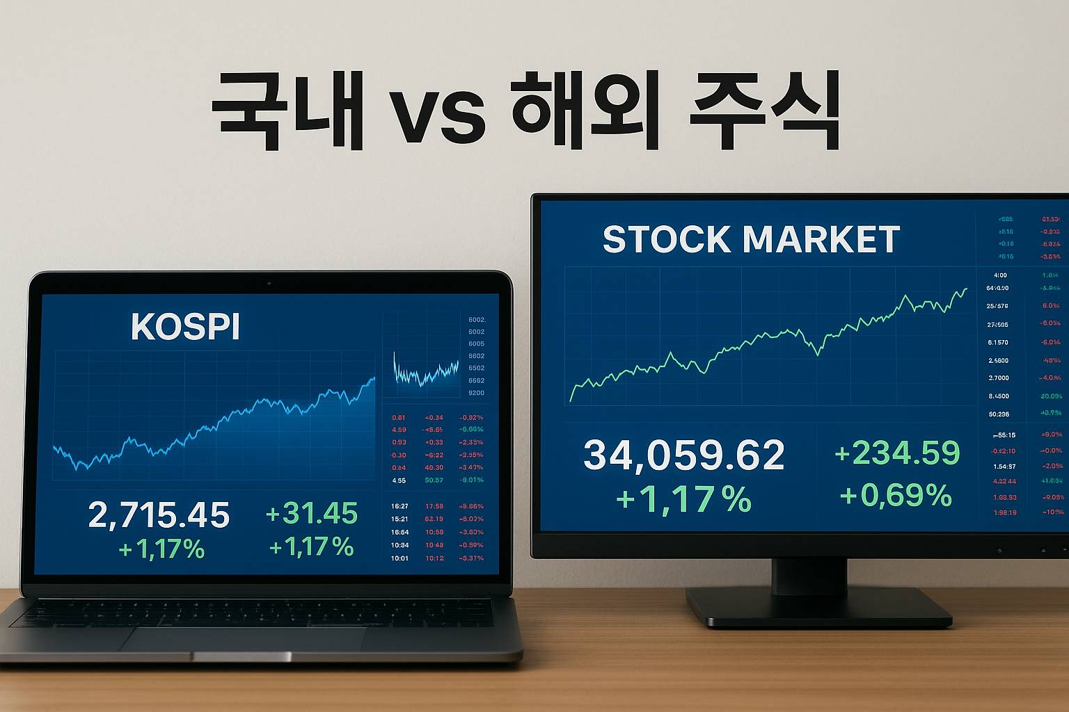 두 개의 컴퓨터 화면에 국내 증시와 해외 증시 차트를 나란히 띄운 모습