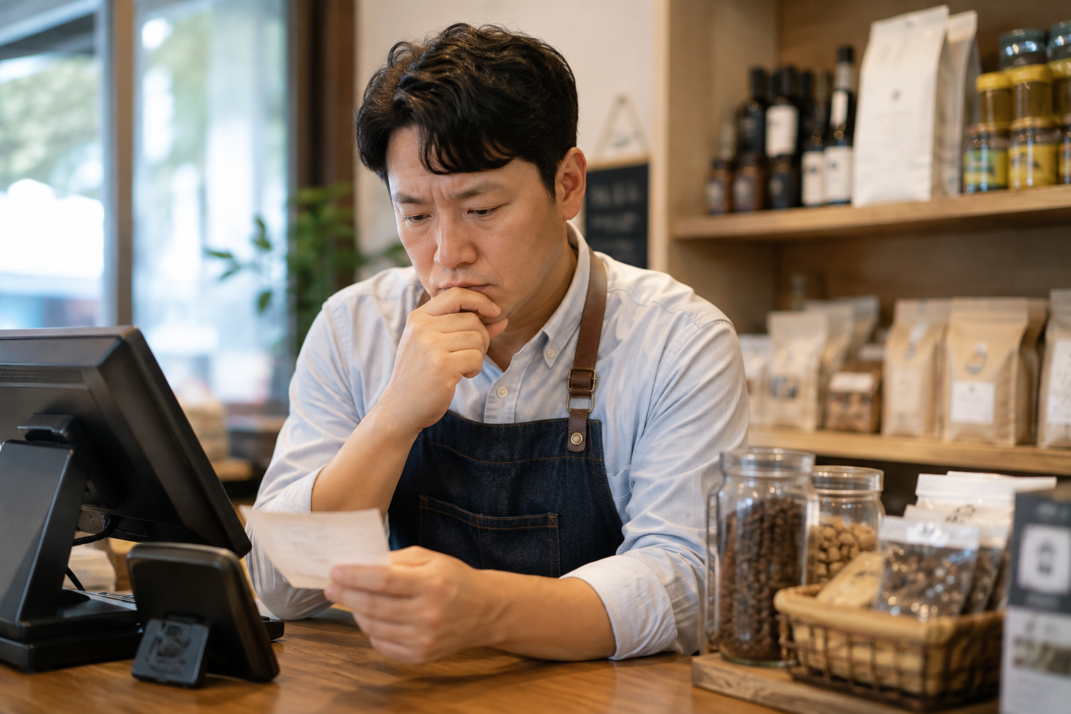 영수증을 살피는 카페 주인