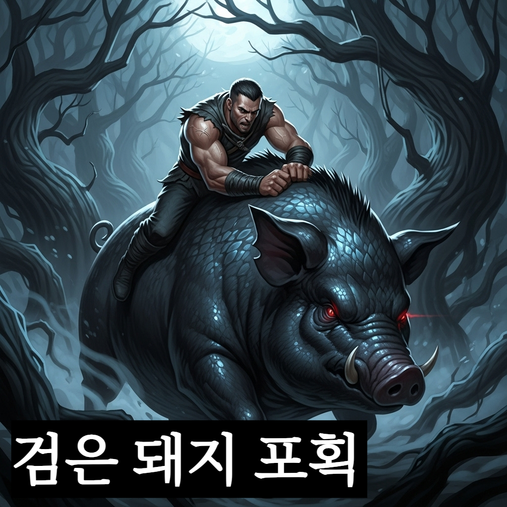 어둠 속에서 윤기 나는 검은 비늘 같은 털을 가진 거대한 돼지를 강인한 팔로 꽉 껴안아 제압하는 한 남성의 역동적이고 신비로운 일러스트