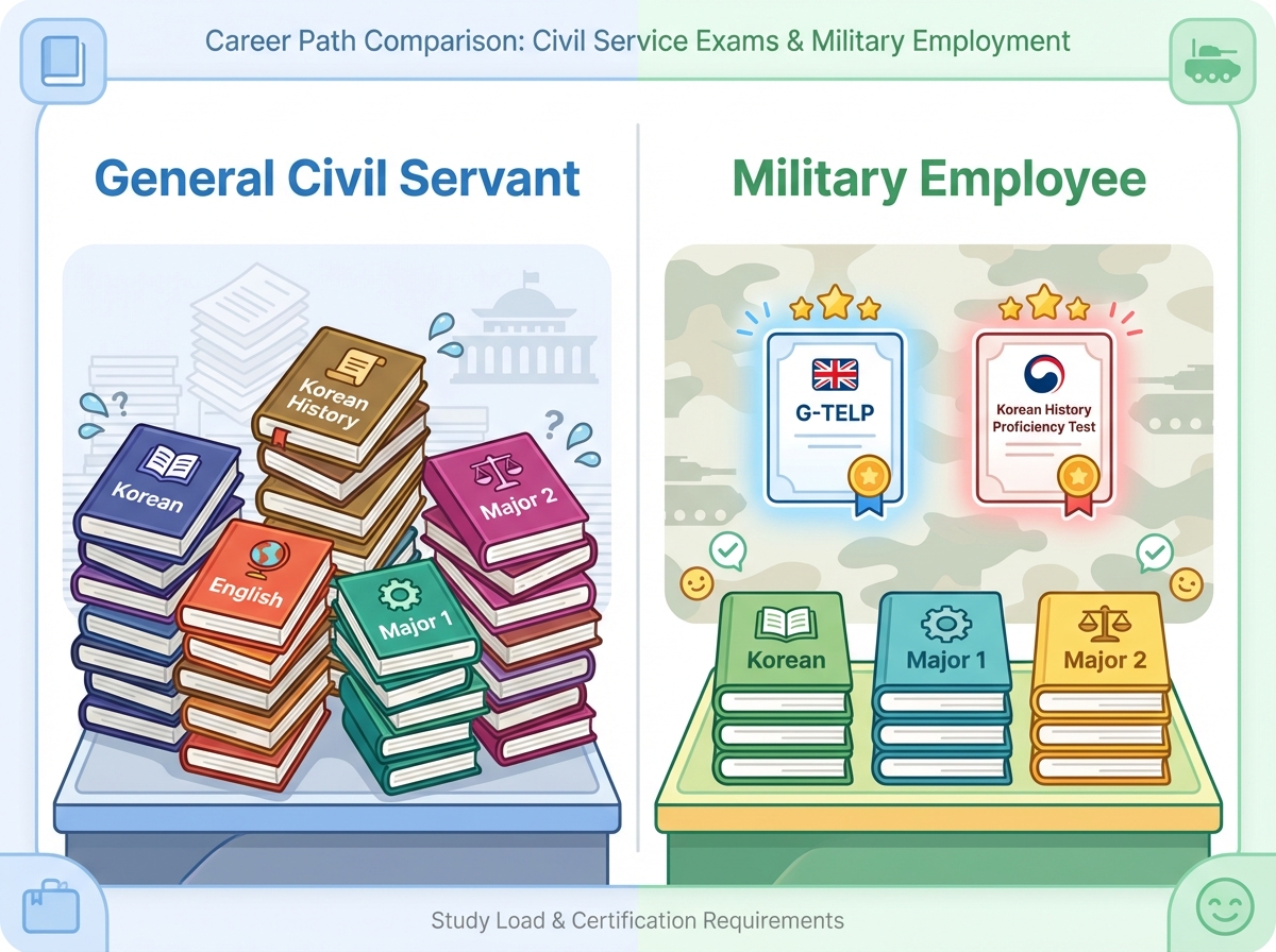 A split-panel infographic comparing 5 exam subjects for general civil servants (left) and 3 exam subjects for military employees with certificates (right)