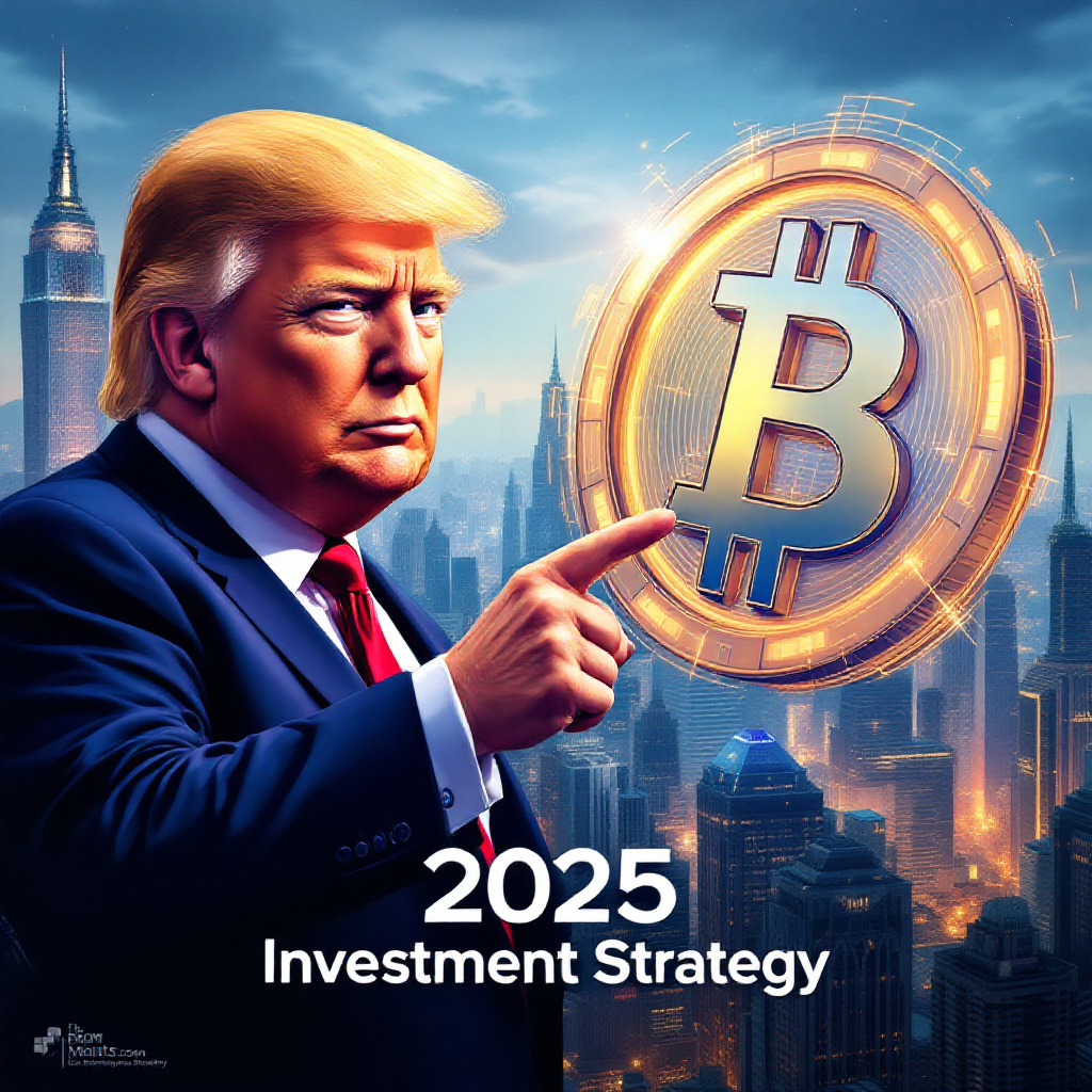 트럼프 대통령이 비트코인 투자 전략을 강조하는 장면 일러스트