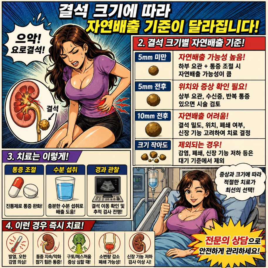 요로결석 결석 크기에 따른 자연배출 가능성과 치료 기준을 설명하는 옛날 만화 스타일 인포그래픽으로, 5mm 미만·5mm 전후·10mm 전후 결석의 차이를 통증 장면과 치료 과정으로 정리한 이미지